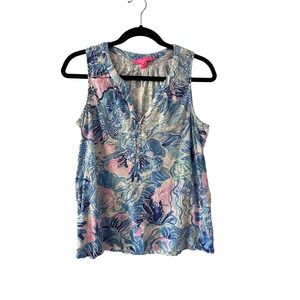 Lilly Pulitzer Essie Saltwater Blue Pink Floral V-Neck Button Up Top Size M
